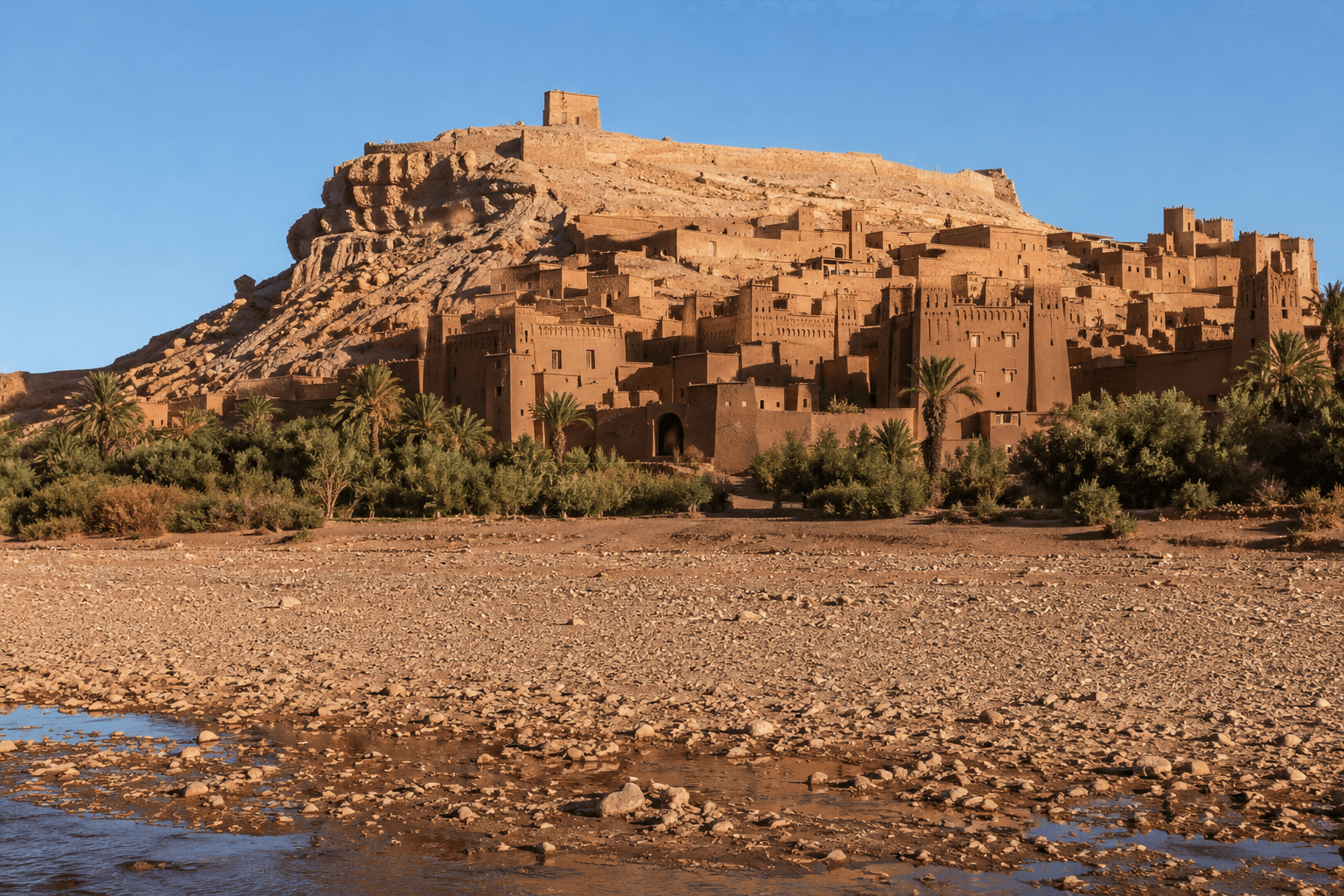 Kasbah de Ait Ben Haddou al atardecer, torres de adobe rojizo, Patrimonio UNESCO, Marruecos