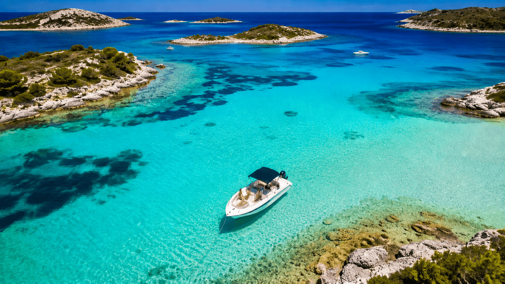 Barco privado fondeado en la Laguna Azul de Trogir con agua turquesa en Croacia