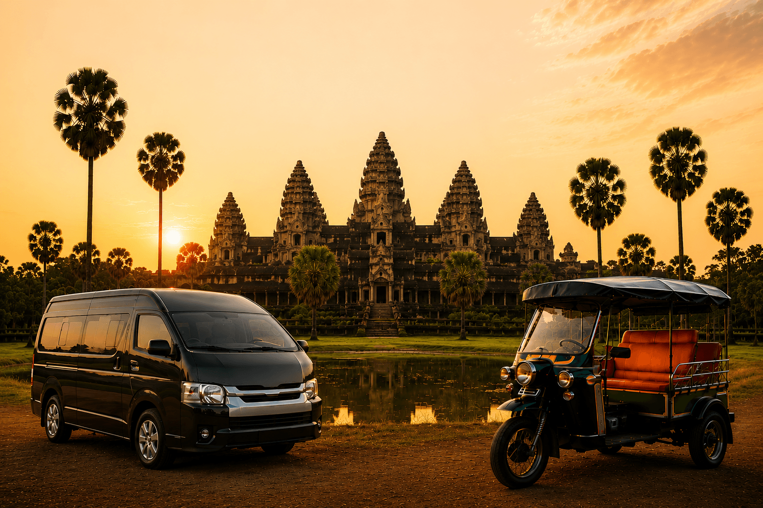 Van y tuk-tuk frente a Angkor Wat al amanecer en Siem Reap, Camboya