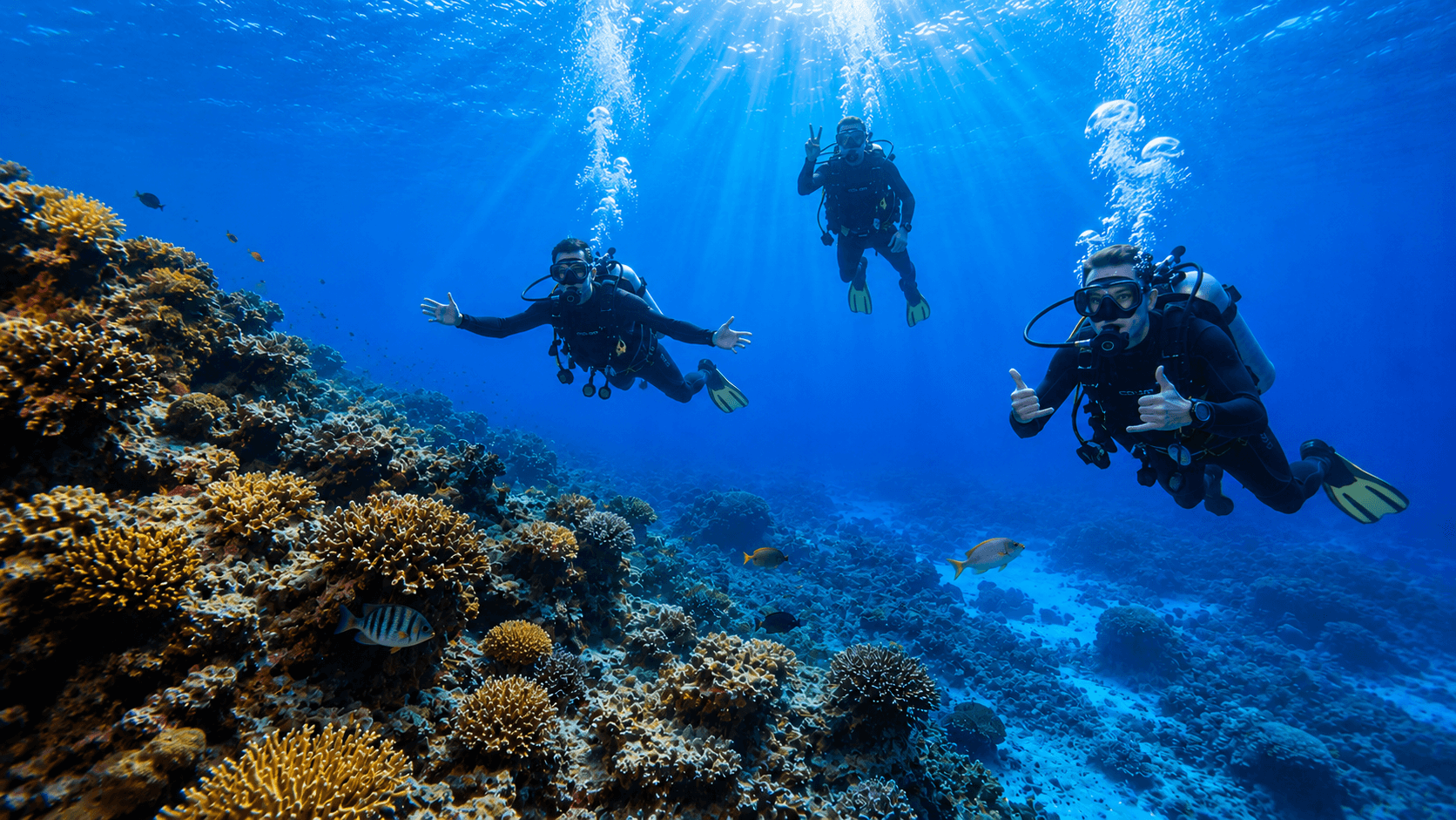 Grupo pequeño de buceadores explorando un arrecife en el Mediterráneo