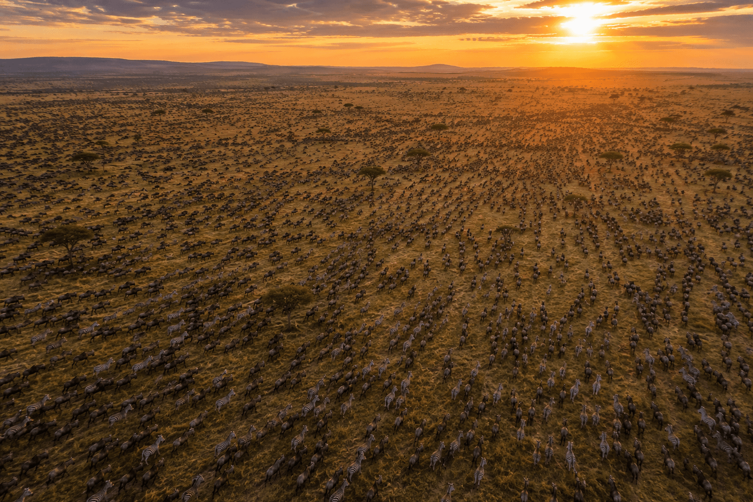 Manada de ñus cruzando el río Mara durante la gran migración en Kenia