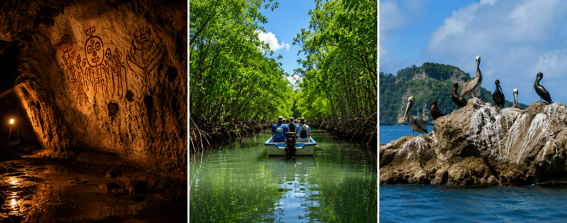 Cueva taína con petroglifos, barco en manglares y pelícanos en Los Haitises, República Dominicana
