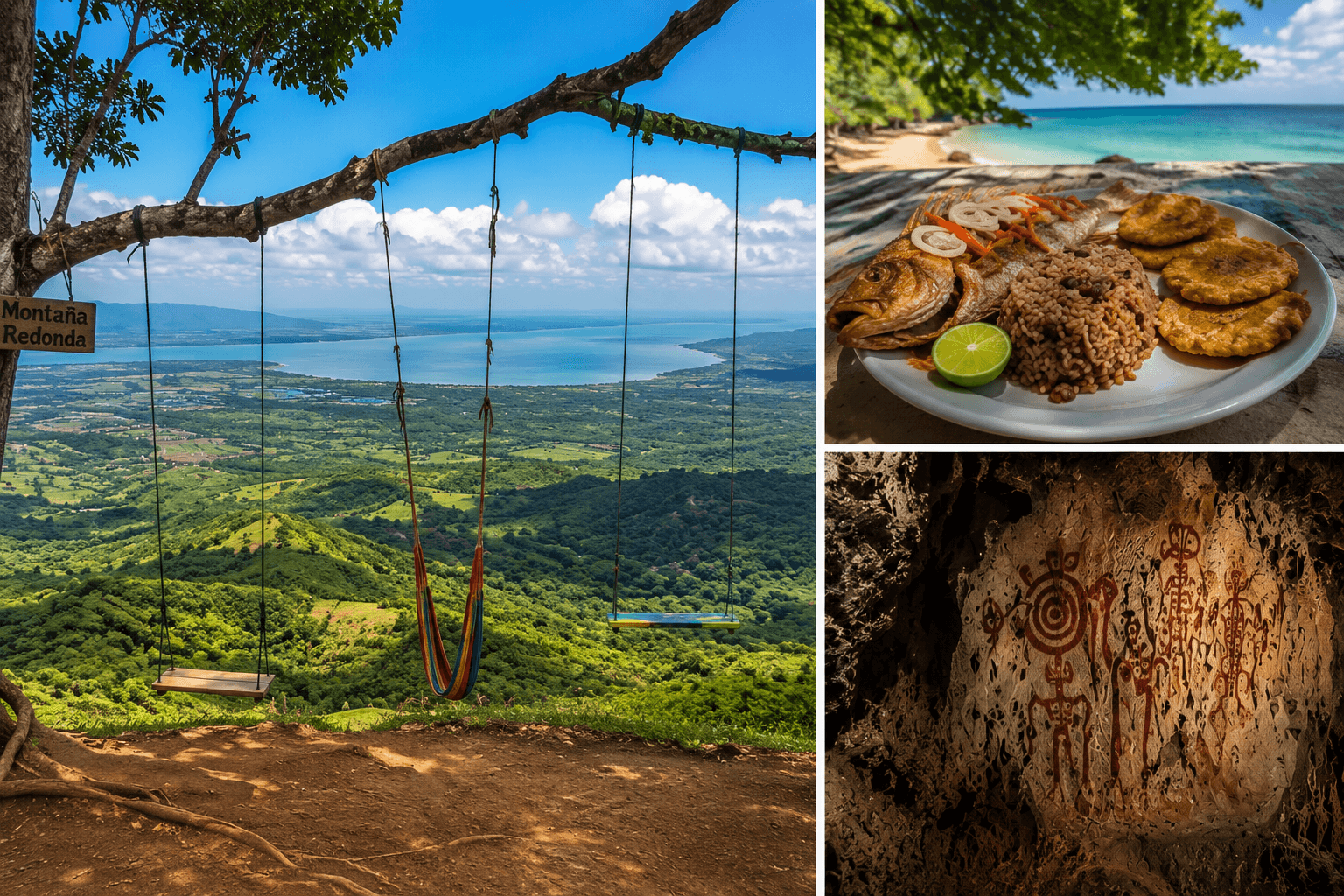 Montaña Redonda con columpios, almuerzo dominicano en playa y arte taíno en cueva de Los Haitises