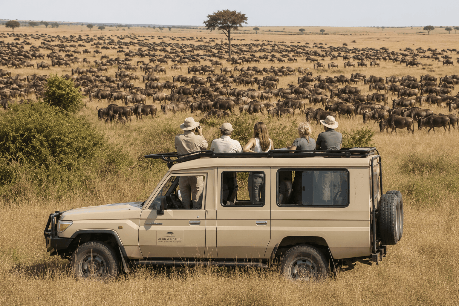 Jeep 4×4 Land Cruiser con techo elevable abierto en las llanuras del Masai Mara