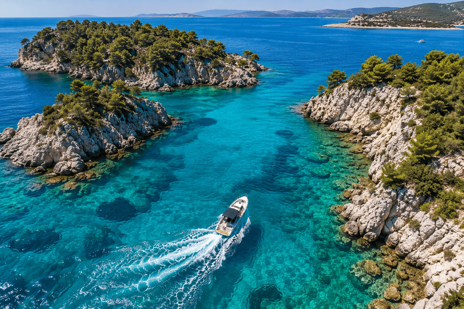 Barco privado navegando frente a las islas Pakleni con agua turquesa y acantilados en Croacia