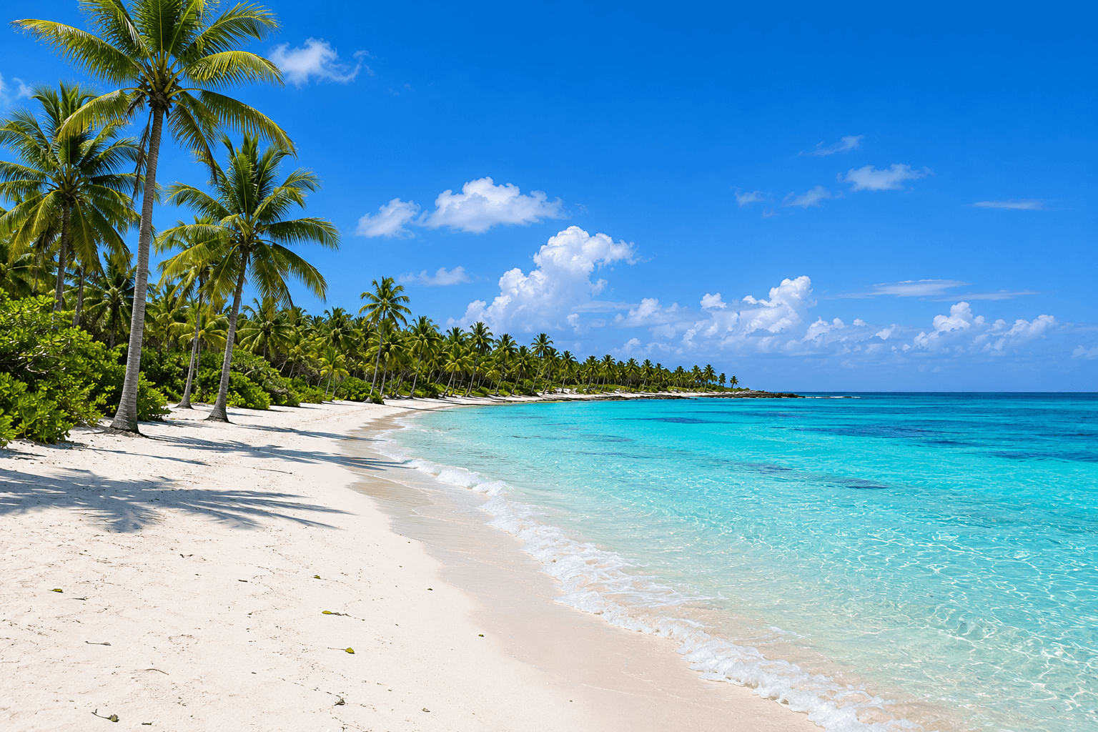 Playa virgen de Isla Saona con palmeras inclinadas y aguas turquesas, República Dominicana