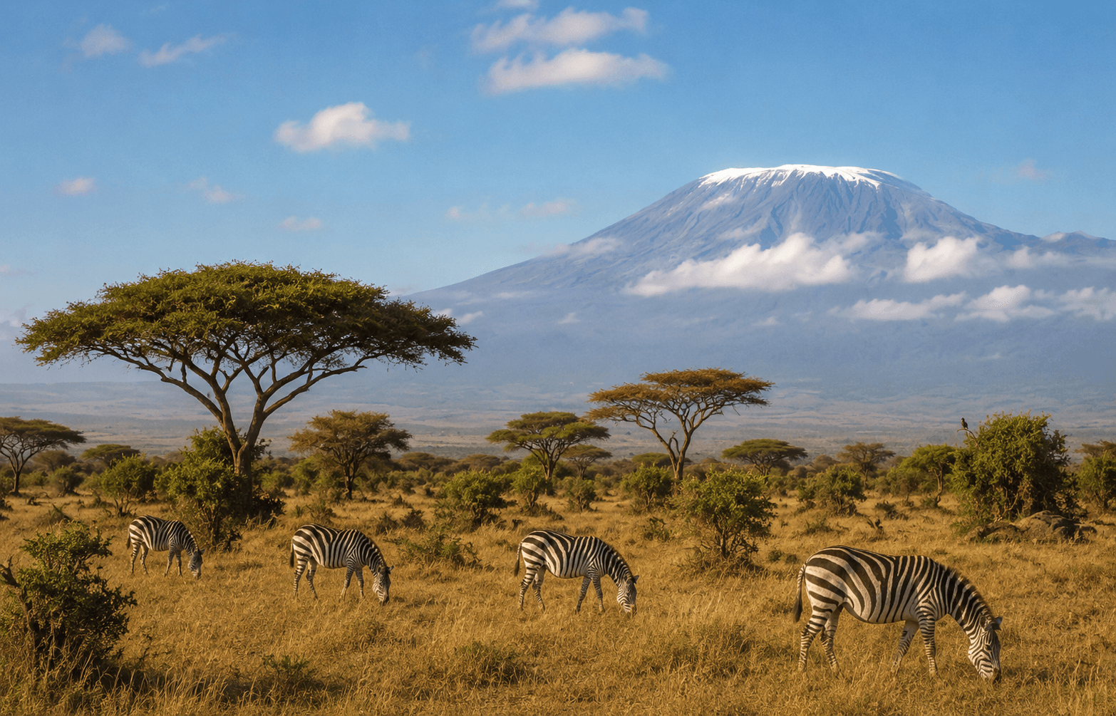 Cebras pastando en la sabana africana con el Kilimanjaro nevado al fondo, Masai Mara