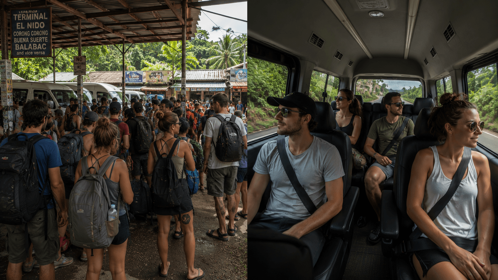Terminal de vans compartidas en Puerto Princesa vs van privada en carretera de Palawan