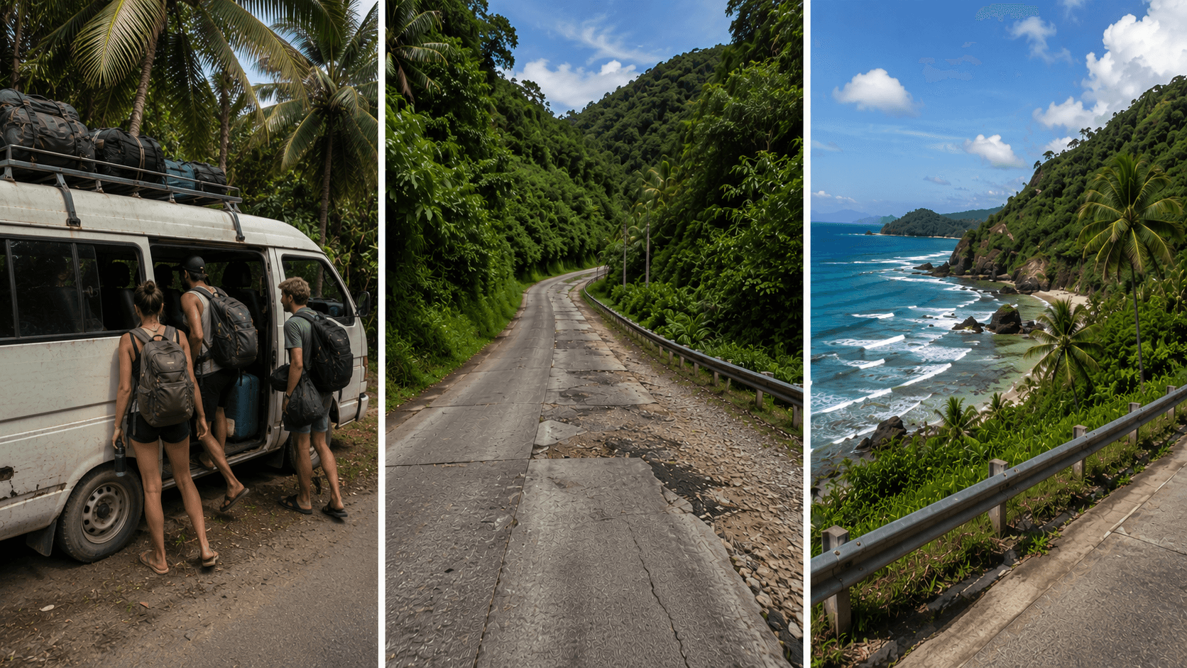 Van compartida llena, carretera de Palawan y vistas costeras en el transfer Puerto Princesa a El Nido