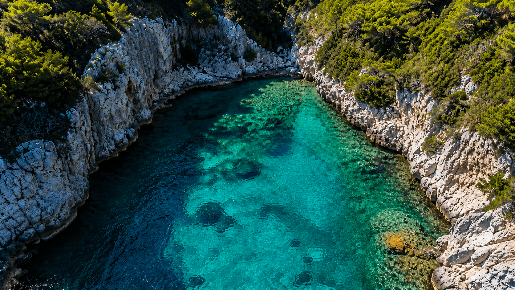 Cala de Stiniva en la isla de Vis vista desde el agua con acantilados y barco privado