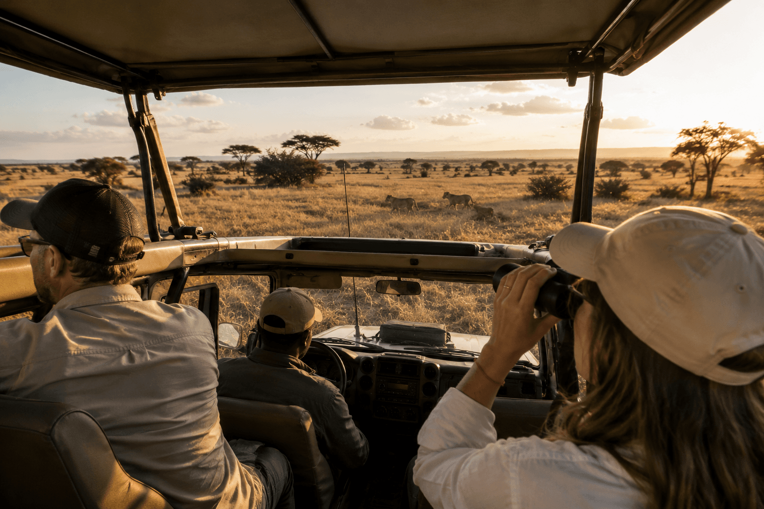 Vista desde el interior de un jeep de safari con la sabana africana al fondo