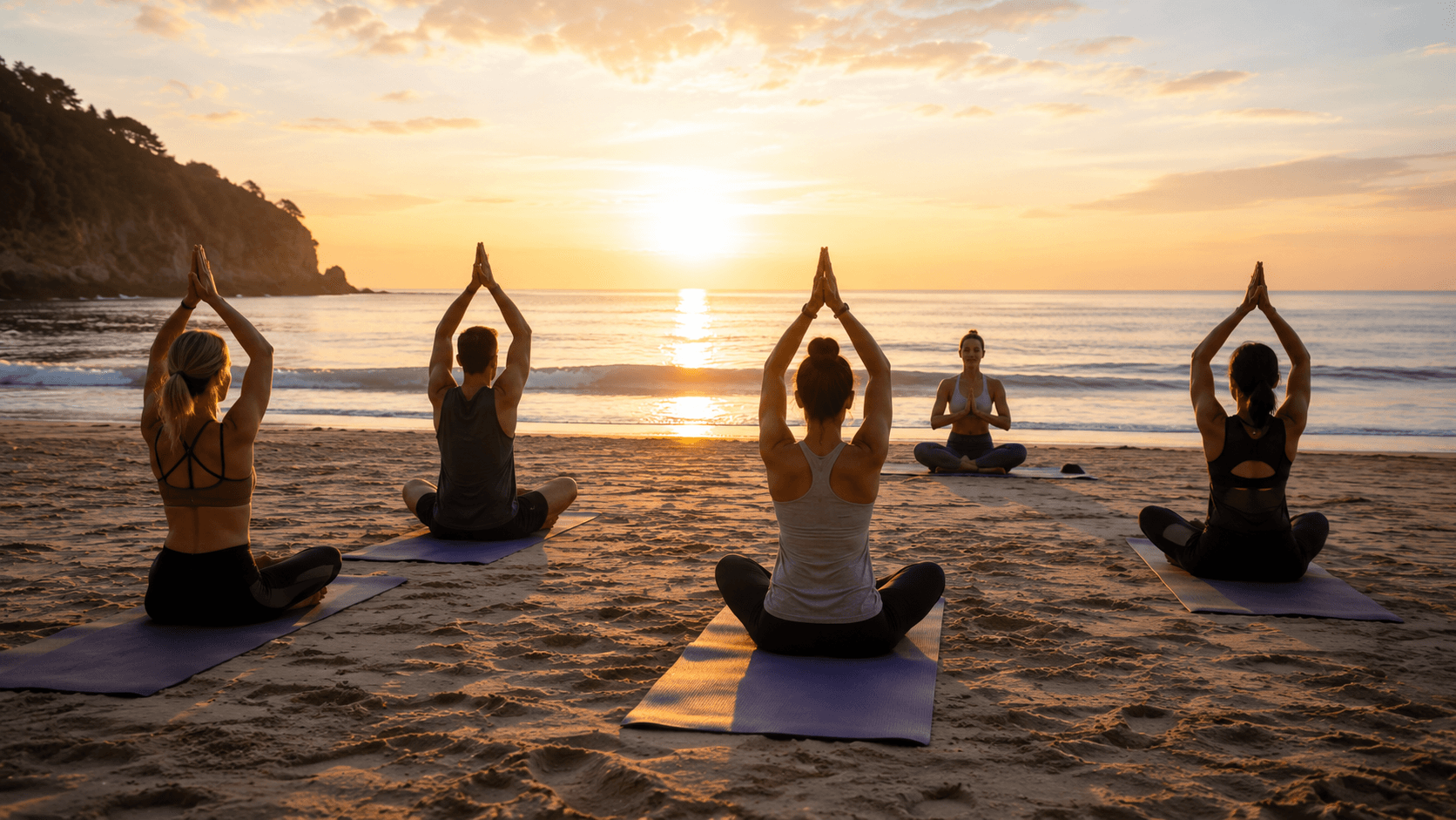Grupo pequeño haciendo yoga con instructor privado en la playa al amanecer