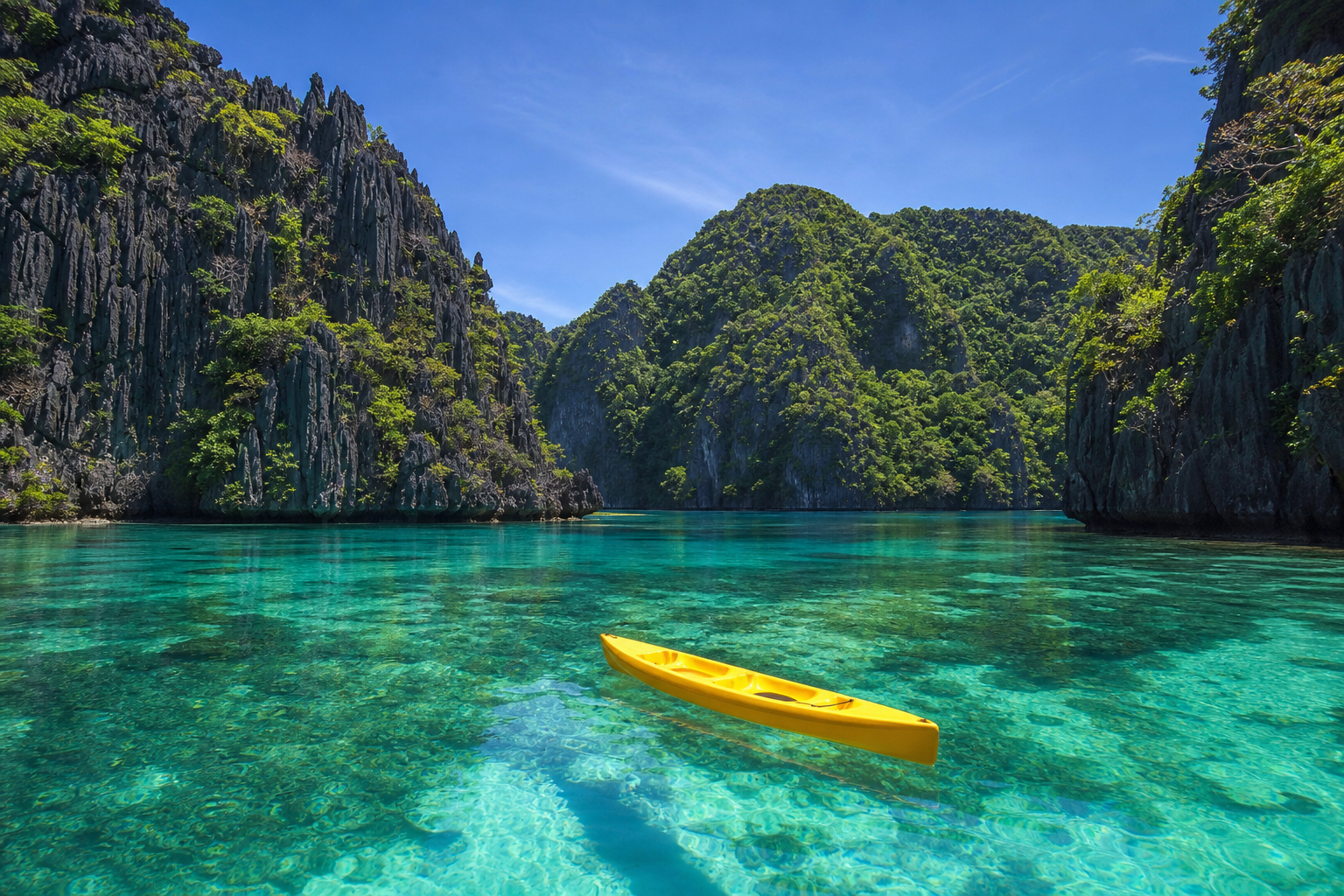 Kayak solitario en el Big Lagoon de El Nido con acantilados de caliza al fondo.