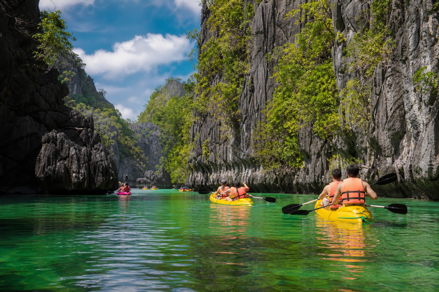 Kayaks en una laguna de El Nido entre acantilados de caliza.